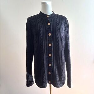 LL Bean Vintage Women L Fisherman Cardigan Sweater Cable Knit Heritage Coastal
